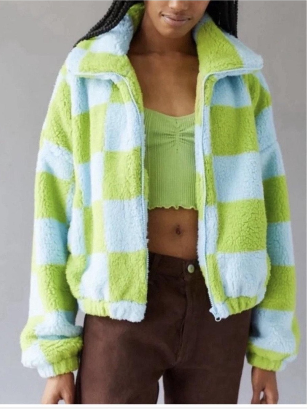 Urban Outfitters cropped Sherpa puffy checkered jacket size medium green blue